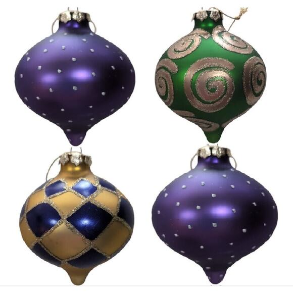 Christmas Ornaments Lot Of 4 Satin Finish Glass Onion Large Gold Green Purple
